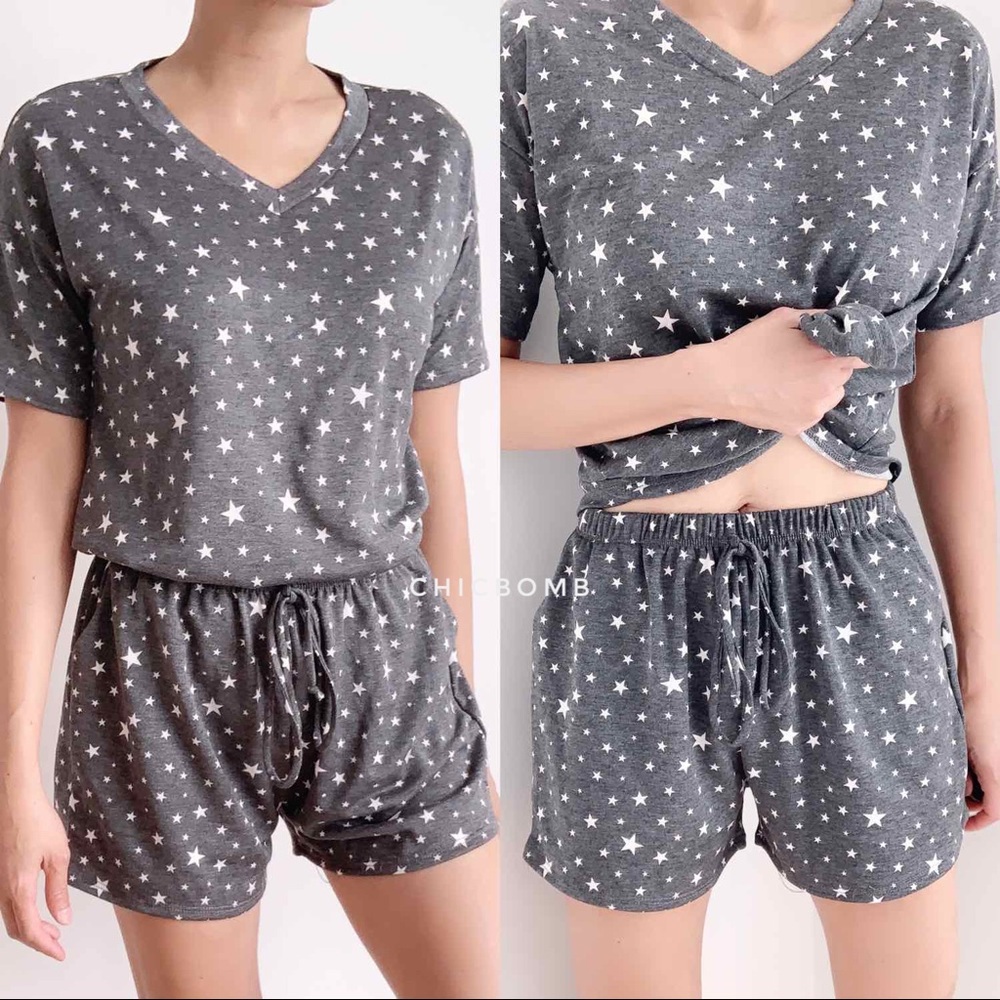 STAR PRINT MATCHING TOP AND SHORTS - DARK GRAY WHITE - Picture 4 of 9
